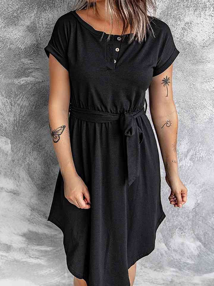 Tie-Waist Quarter Button Curved Hem Dress