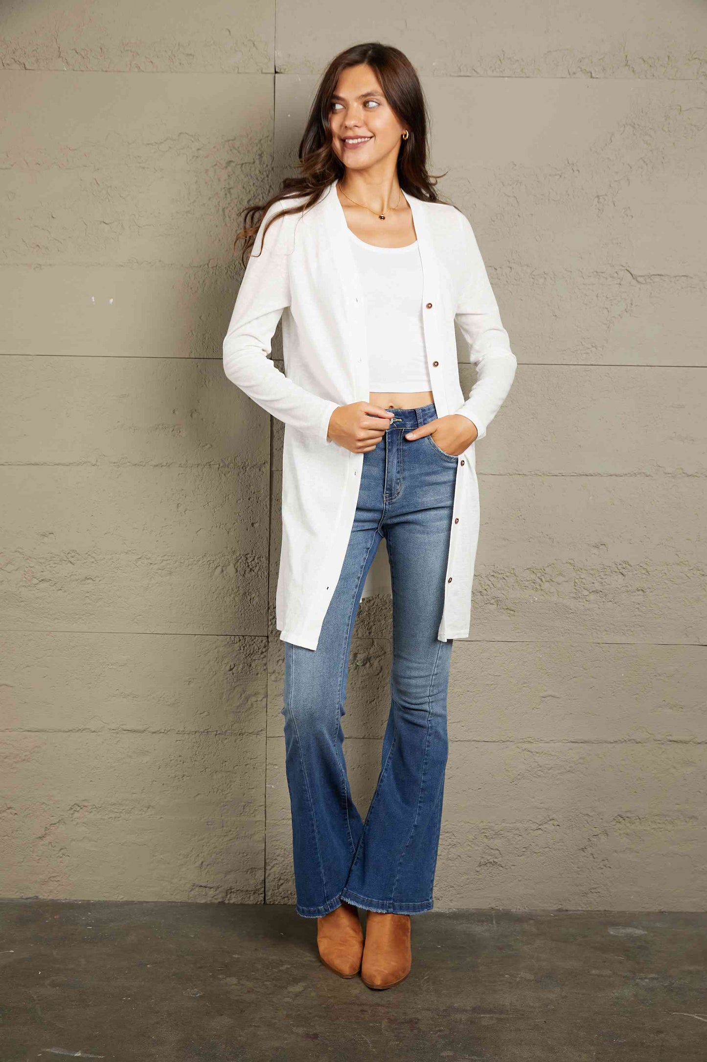 Double Take Button Down Long Sleeve Longline Cardigan