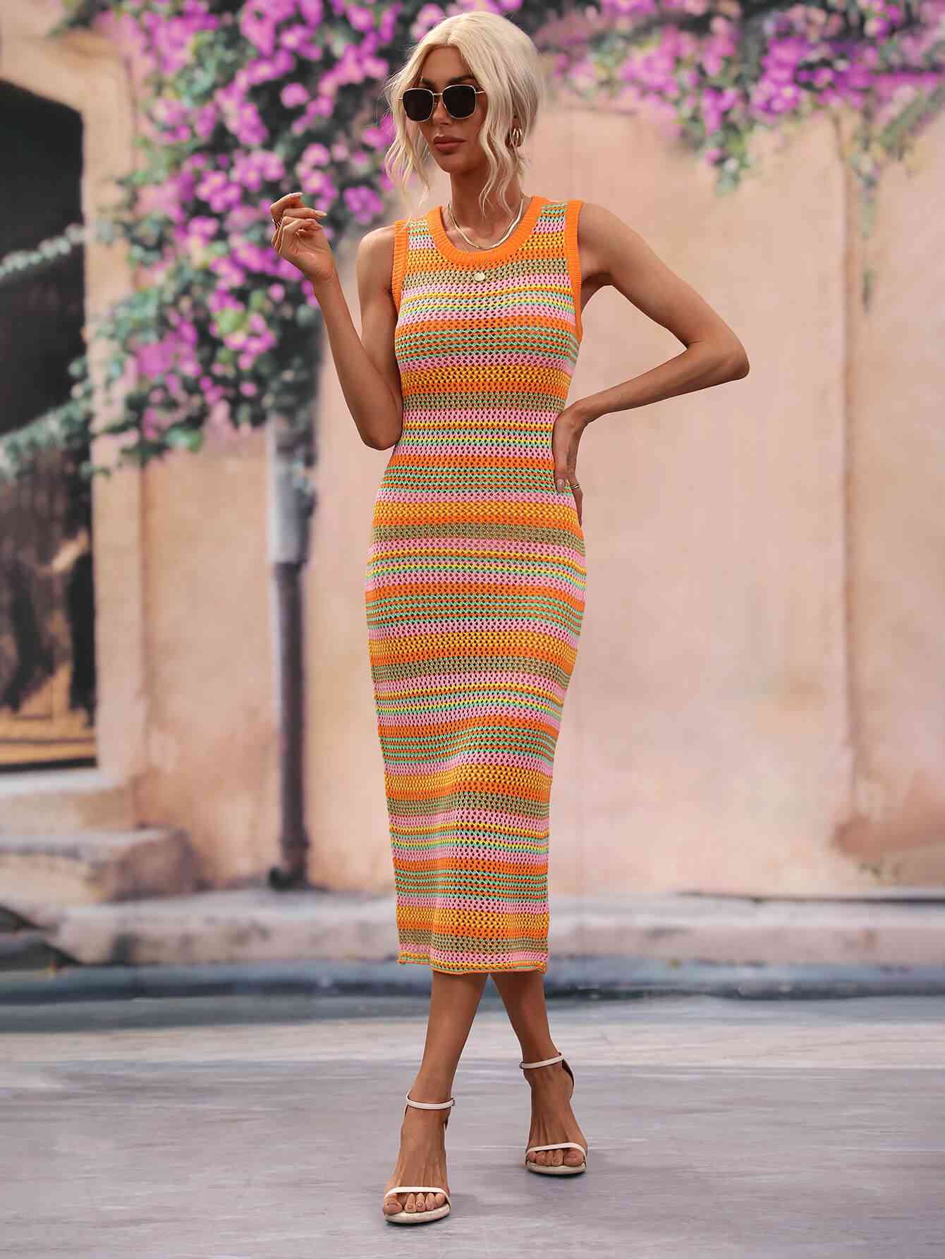 Striped Round Neck Sleeveless Midi Cover Up Dress