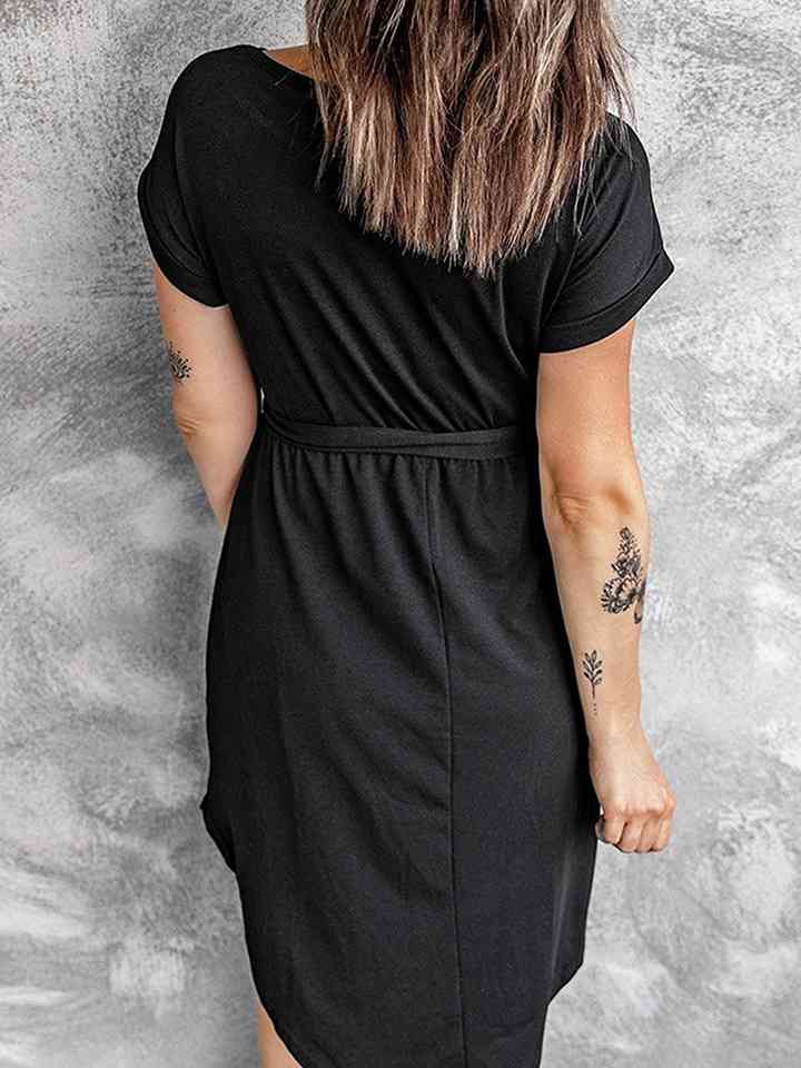 Tie-Waist Quarter Button Curved Hem Dress