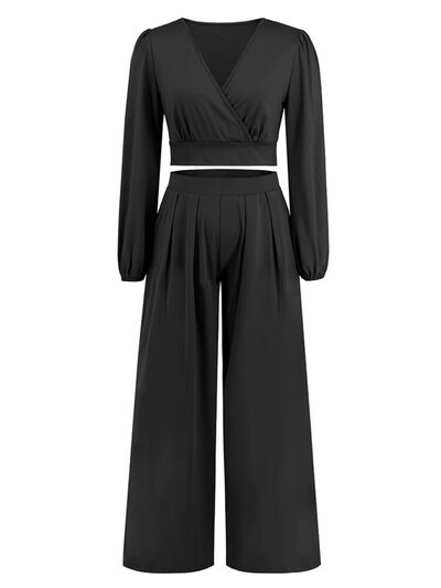 Surplice Top and Wide Leg Pants Set