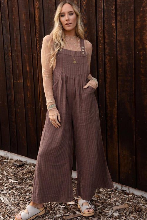 Texture Buttoned Wide Leg Overalls